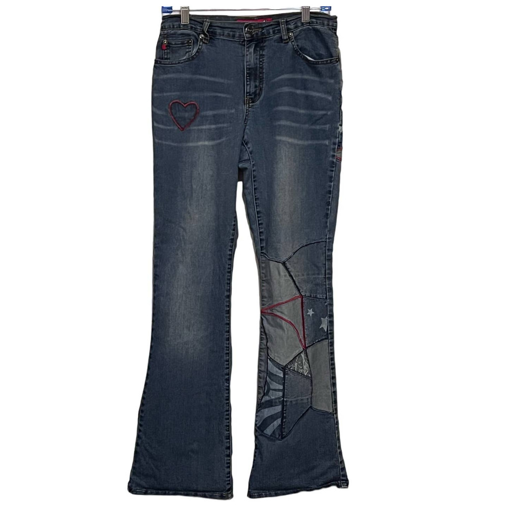 Zana-di Women's Jeans Red Blue Yellow Thread Stars/Heart Flare Leg Size 5